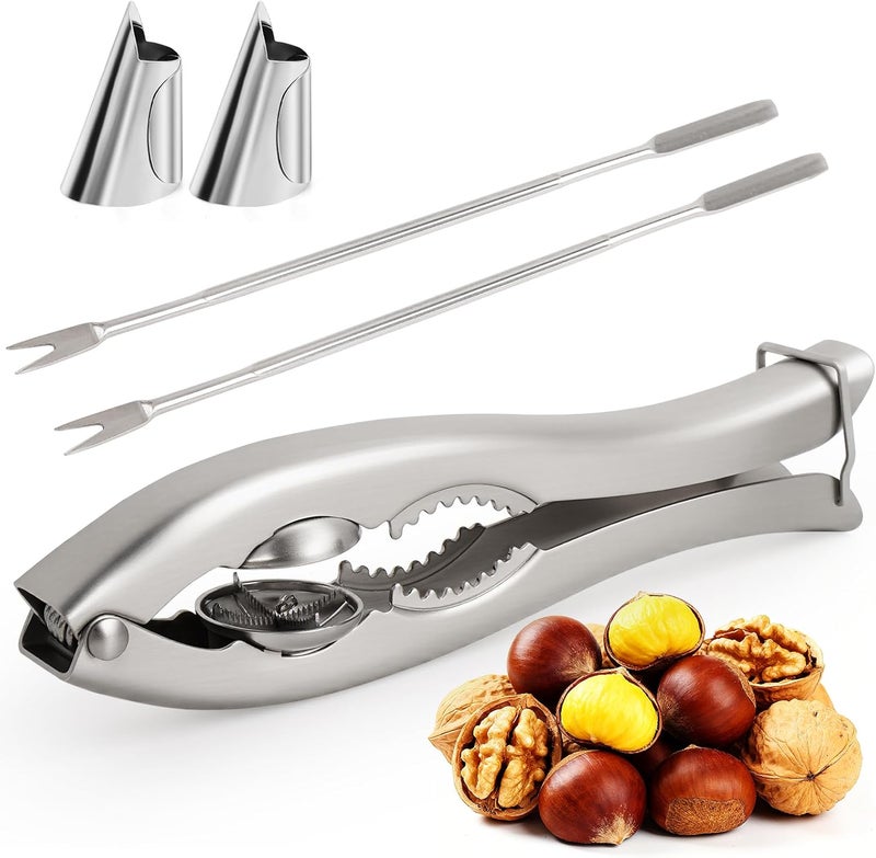 Sanchamy Upgraded 2 In 1 Chestnut Cutter Tool and Nut Cracker for All Nuts 304 Stainless Steel Walnut Cracker Chestnut Opener with 2 Picks and 2 Finger Armors - Image 1